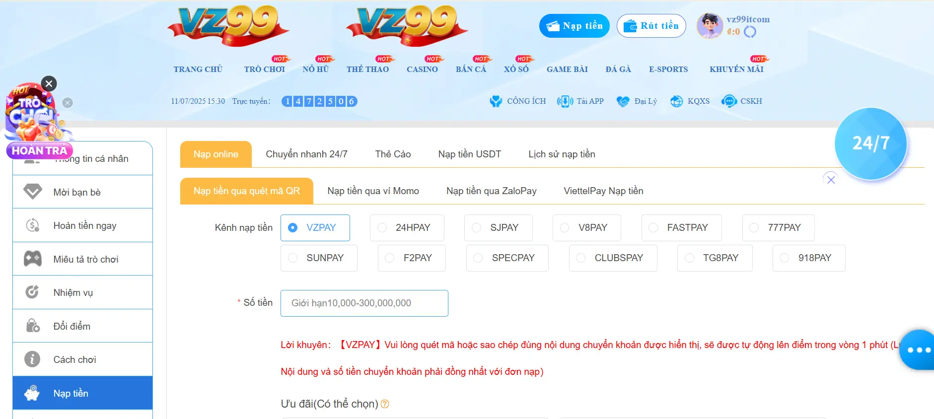 Nạp Tiền VZ99 - 6 Cách Nạp Tiền Siêu Tốc, Bảo Mật (Cập Nhật 2024)